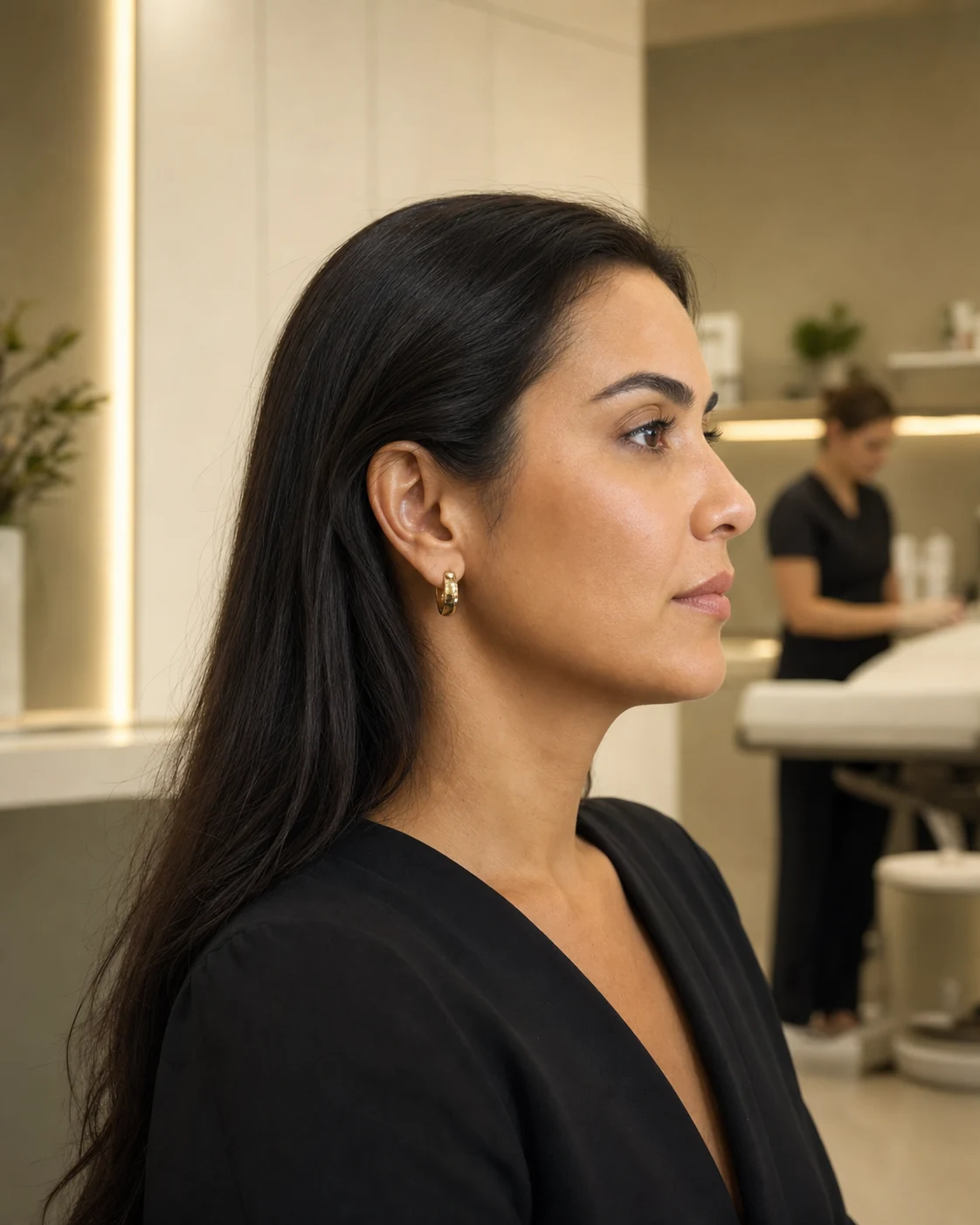 Mulher em perfil durante avaliação facial no Instituto Bio Sa