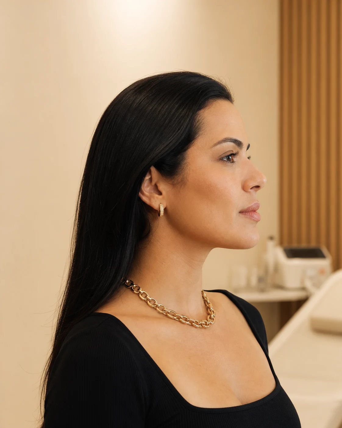 Projeção ilustrativa de harmonização facial em perfil direito